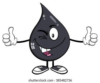 Smiling Petroleum Or Oil Drop Cartoon Character Winking And Holding Two Thumbs Up. Vector Illustration Isolated On White Background