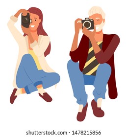 Smiling photographers man and woman sitting with camera equipment and do photo, focusing lens. Male and female photographing, people professional shooting vector