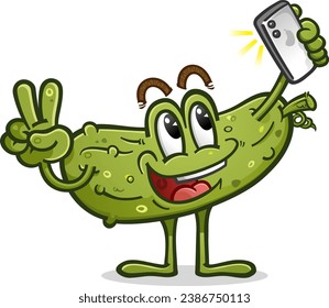 Smiling pickle cartoon character taking a selfie photo with a smart phone and and flashing a peace sign hand gesture to the camera