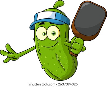 Smiling Pickleball Pickle Mascot Character Holding Paddle – Vector Hand Drawn Illustration Isolated On Transparent Background