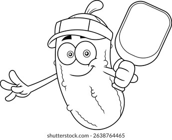 Smiling Pickleball Pickle Mascot Character Holding Paddle – Black And White Vector Hand Drawn Illustration Isolated On Transparent Background