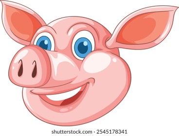 Smiling pig with big blue eyes and ears