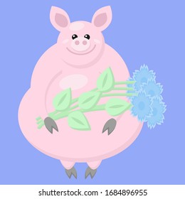 A smiling pig with a bouquet of flowers. The drawing can be used as a greeting 

card.