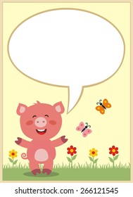 Smiling pig with bubble speech, box for your text