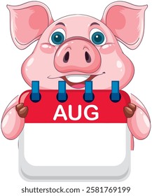 Smiling pig with a calendar page for August