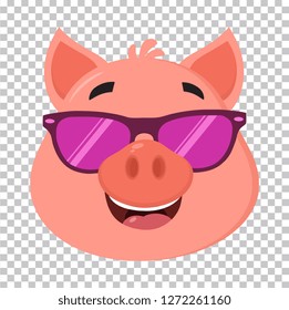 Smiling Pig Cartoon Character Face Portrait With Sunglasses. Vector Illustration Flat Design Isolated On Transparent Background
