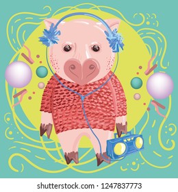 Smiling pig with cassette recorder vector illustration. Pig wearing red knitted sweater listening to music in headphones over green background with daub. New Year concept. For web design, banners