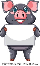 Smiling pig character with a blank sign