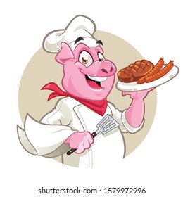 Smiling pig chef character with bbq