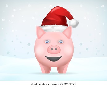 smiling pig covered with Santa cap vector illustration