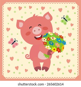 Smiling pig with flowers