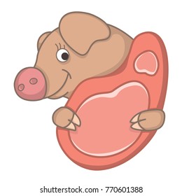A smiling pig holds and shows pork meat that is being produced from it. 