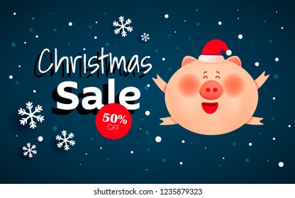 Smiling pig jumping Christmas winter landscape background. 