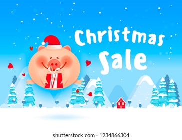 Smiling pig jumping out of a gift box with hearts and holding a gift in his hands. Christmas winter landscape background. 