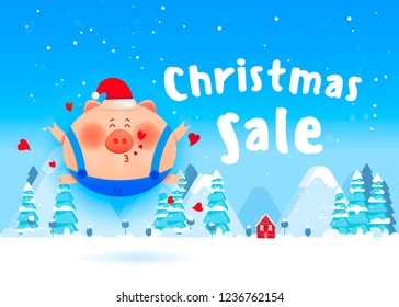 Smiling pig jumping out of a gift box with hearts and holding a gift in his hands. Christmas winter landscape background. 