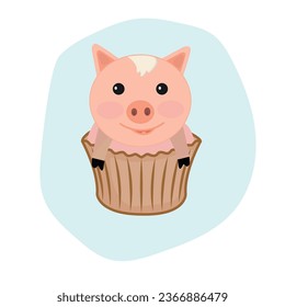 A smiling pig is sitting in the car. Happy pig, muffin. Cartoon drawing, vector illustration.