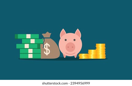 Smiling Piggy Bank with Stacks of Money. Banking and earnings management concept vector