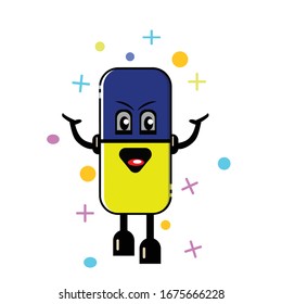 Smiling Pill Capsule Cartoon Character happy. Vector Illustration Isolated On White baground
