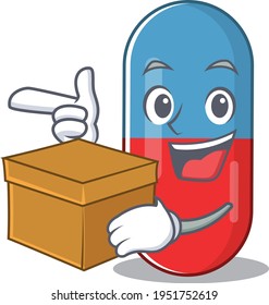 A smiling pills drug cartoon mascot style having a box. Vector illustration