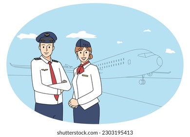 Smiling pilot and stewardess posing together near aircraft. Happy airplane crew members in uniform near plane ready for flight in airport. Flat vector illustration.