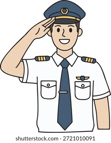 Lächelnder Pilot in einheitlicher Begrüßung, professionelles Flugpersonal, Vektorgrafik.