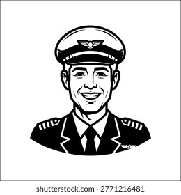 A smiling pilot in uniform silhouette stands out against a plain background