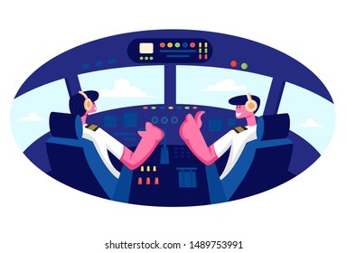 Smiling Pilots Wearing Headset or Headphones and Uniform Sitting in Chairs in Cabin of Plane at Airport. Aviators Male Characters in Cockpit Driving Aircraft Airplane. Cartoon Flat Vector Illustration