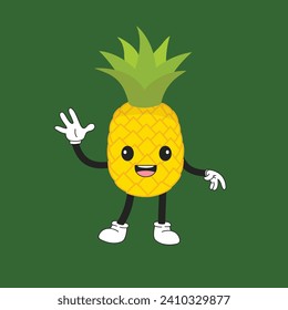 Smiling pineapple character kawaii on green background