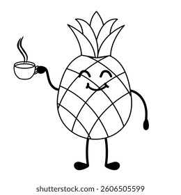 A smiling pineapple with a cup of coffee in hand