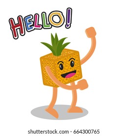 Smiling Pineapple Fruit Cartoon Mascot Character, Fruit happy Isolated On White Background With Text Hello, Vector Illustration.