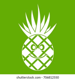 Smiling pineapple icon white isolated on green background. Vector illustration