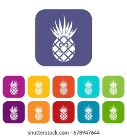 Smiling pineapple icons set vector illustration in flat style In colors red, blue, green and other