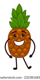 Smiling pineapple personage with leaves as hairstyle. Isolated cheerful character with hands and legs, smile on face, positive expression. Emoticon or emoji for social media. Vector in flat style