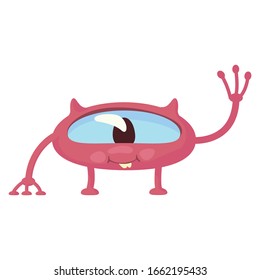 Smiling pink alien flat cartoon vector illustration. Cute extraterrestrial waving hand. Ready to use 2d character template for commercial, animation, printing design. Isolated comic hero