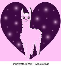 Smiling pink alpaca against a large purple heart