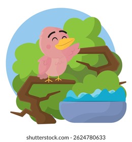 Smiling pink bird in jungle. Vector illustration