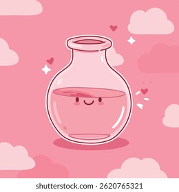 Smiling pink bottle cartoon illustration with sparkling details on a light pink background with doodle elements. Cute, cheerful design for various creative projects