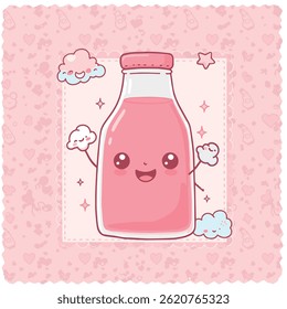 Smiling pink bottle cartoon illustration with sparkling details on a light pink background with doodle elements. Cute, cheerful design for various creative projects