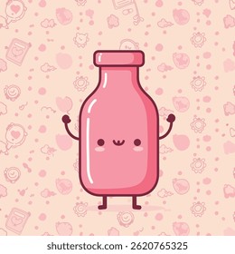 Smiling pink bottle cartoon illustration with sparkling details on a light pink background with doodle elements. Cute, cheerful design for various creative projects