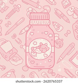 Smiling pink bottle cartoon illustration with sparkling details on a light pink background with doodle elements. Cute, cheerful design for various creative projects