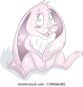 Smiling pink bunny sits in the pose of a one-year-old baby