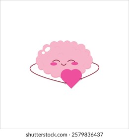 A smiling pink cartoon brain with blushing cheeks hugging a bright pink heart