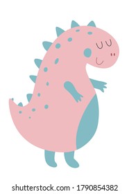 Smiling pink dinosaur. Cute animal. Vector background. Isolated hand drawn illustration. Funny character for kids. Happy Dino party. Greeting card.