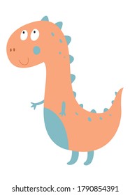 Smiling pink dinosaur. Cute animal. Vector background. Isolated hand drawn illustration. Funny character for kids. Happy Dino party. Greeting card.
