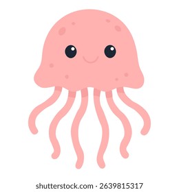 Smiling pink jellyfish with large friendly eyes and wavy tentacles floating in a minimalist vector style
