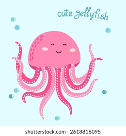 Água-viva rosa sorridente sobre fundo azul. Bonito animal marinho com rosto feliz e bolhas. Estilo de desenho animado divertido. Perfeito para crianças projetos, impressões e produtos para bebês