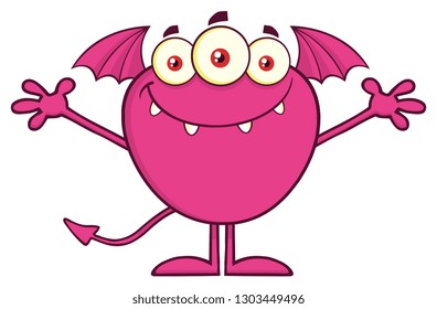 Smiling Pink Monster Cartoon Mascot Character With Open Arms. Vector Illustration Isolated On Transparent Background