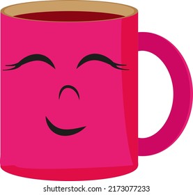 Smiling pink mug, illustration, vector on a white background.