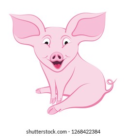 Smiling pink pig. Hand drawn sitting piggy with color contour. Vector illustration on white background.