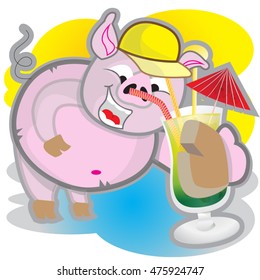  smiling pink pig while drinking a cocktail.